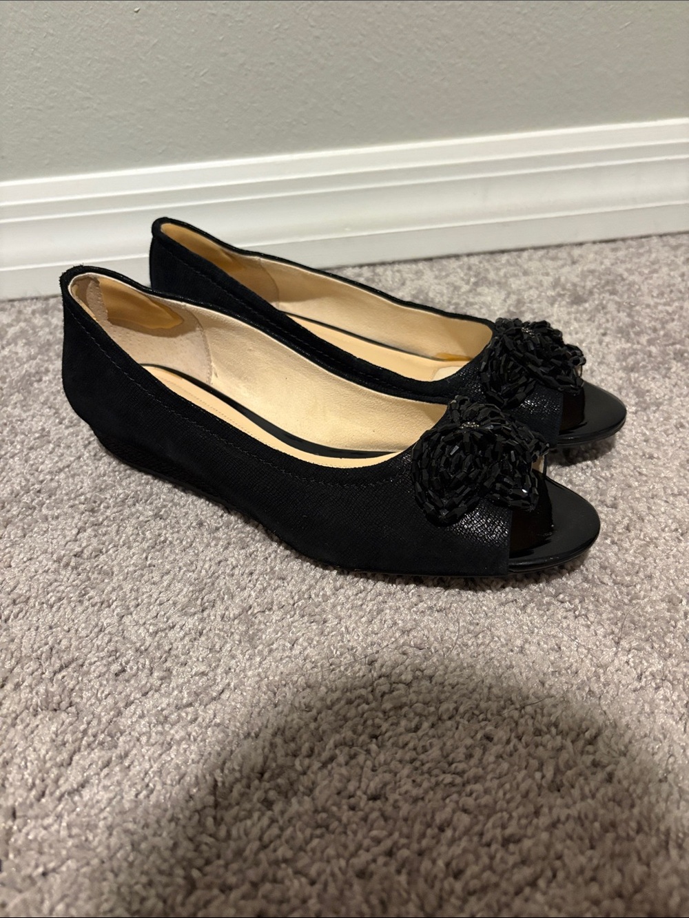 Classic Black Peep-Toe Floral Accent Flats - Women's